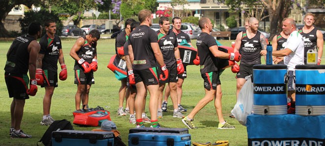 Rabbitohs players take a short break during training session © Frank Quealey /Australian 18 Footers League http://www.18footers.com.au